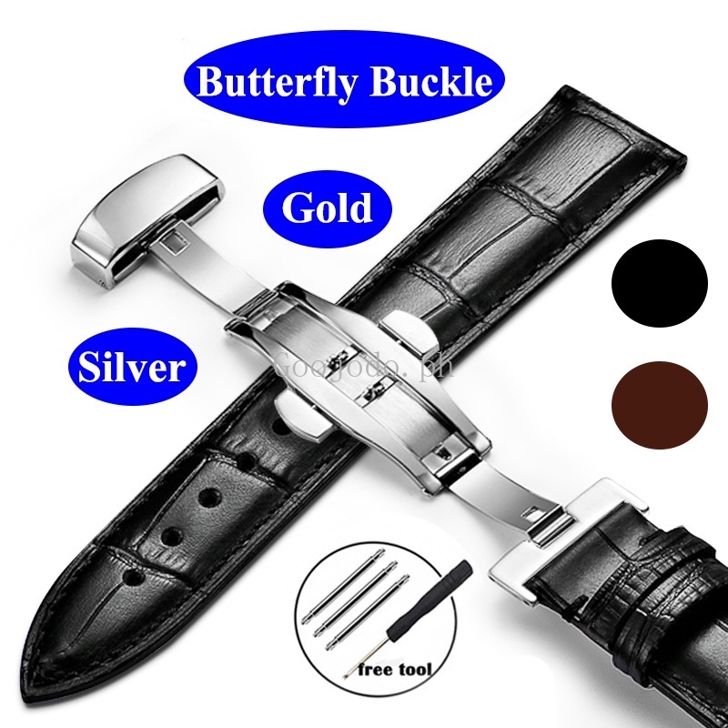 สายนาฬิกาข้อมือ สายหนังวัวแท้ พร้อมหัวเข็มขัดผีเสื้อ 18 19 20 21 22 24 มม. สําหรับผู้หญิง และผู้ชาย