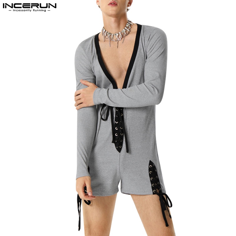 Incerun ชุดบอดี้สูท คอวี แขนยาว แต่งริบบิ้น สีพื้น สําหรับผู้ชาย