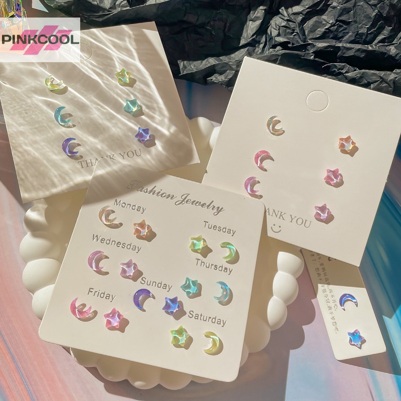 Pinkcool ชุดต่างหูสตั๊ด รูปดาว ดวงจันทร์ สีชมพู สีม่วง น่ารัก เครื่องประดับ สําหรับผู้หญิง Y2K ขายดี