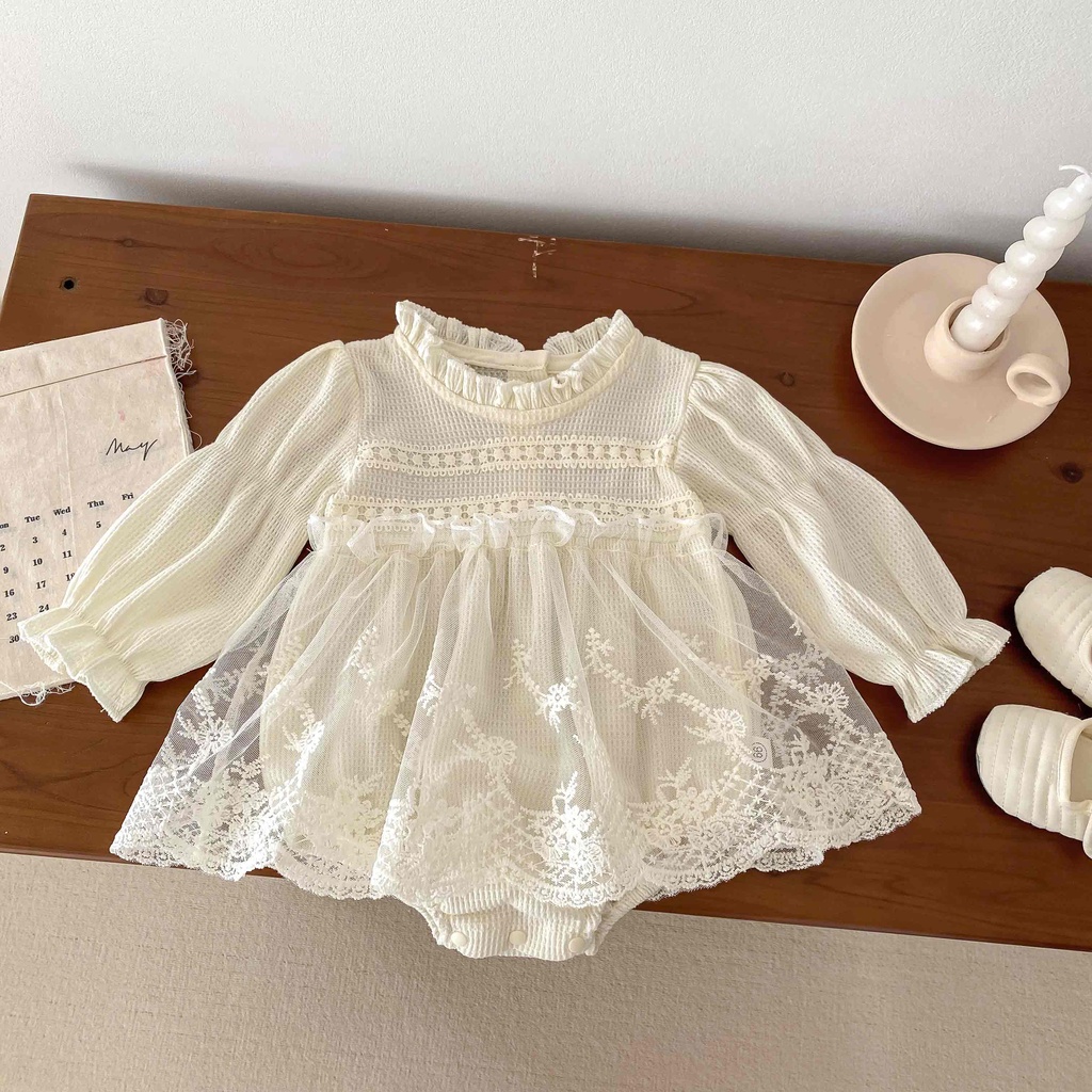 ชุดจั๊มสูทรอมเปอร์แขนยาว กระโปรงลูกไม้ สีแอปริคอท แฟชั่นฤดูใบไม้ร่วง สําหรับเด็กผู้หญิง อายุ 0-2 ปี