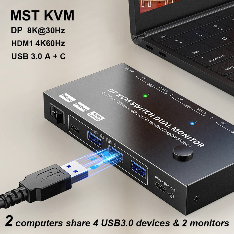 KVM Switch USB 3.0 DP 8K 30Hz HDMI-Compatible 4K 60Hz Computer Share 2 Monitor Displayport Switcher Selector Type C Hub USBC
