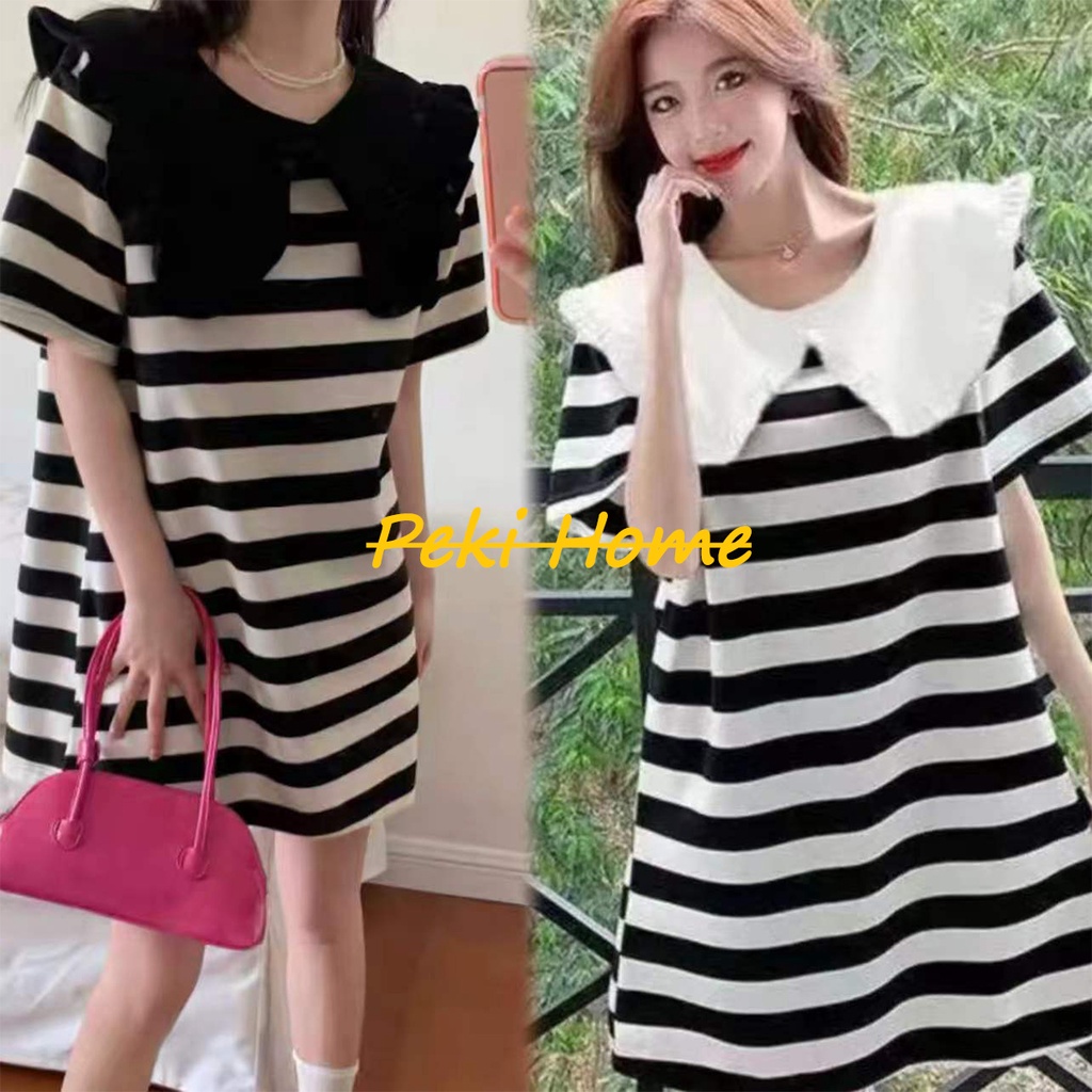 Mini dress มินิเดรส ชุดเดรสแขนสั้นลําลอง ผ้าถัก ลายทาง