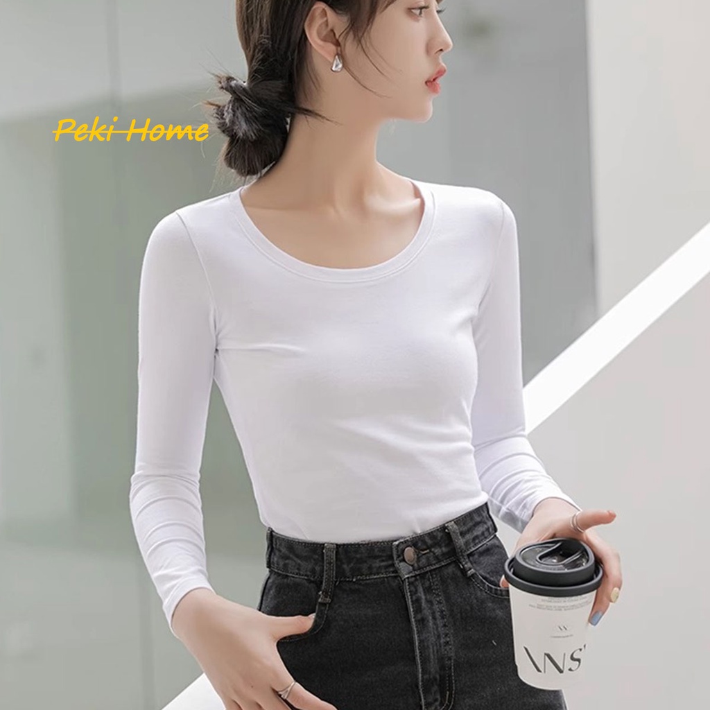 พร้อมส่ง เสื้อเเขนยาวสีขาวทรงสลิมใสำหรับผู้หญิง ใส่สบายๆ