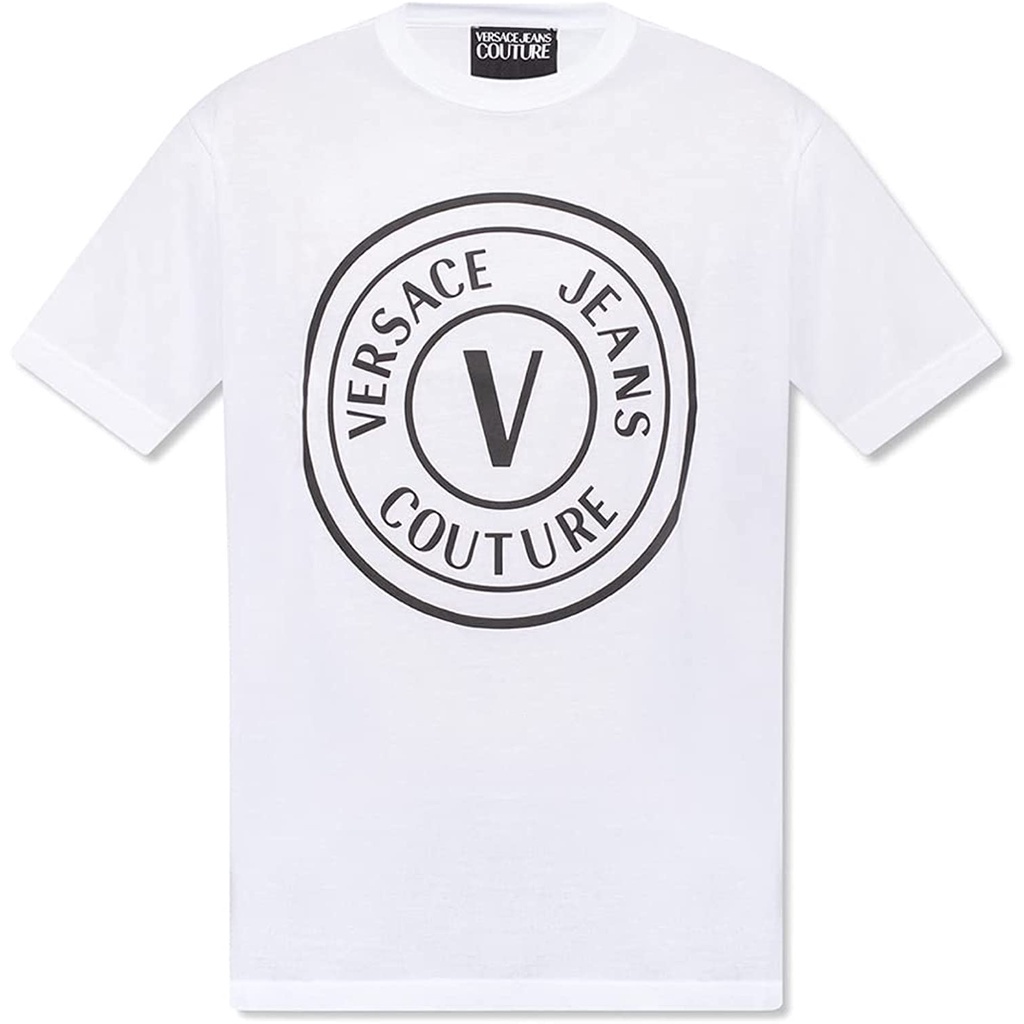 ระดับแสง a VERSACE กางเกงยีนส์ Couture ผู้ชายสีขาวสีดำวงกลมโลโก้เสื้อยืด
