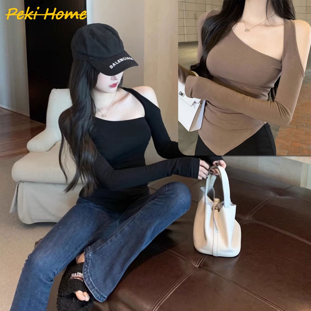 พร้อมส่ง เสื้อครอปเเขนยาวสีพื้นสไตล์เกาหลีเรียบง่ายสำหรับสาวฮอต