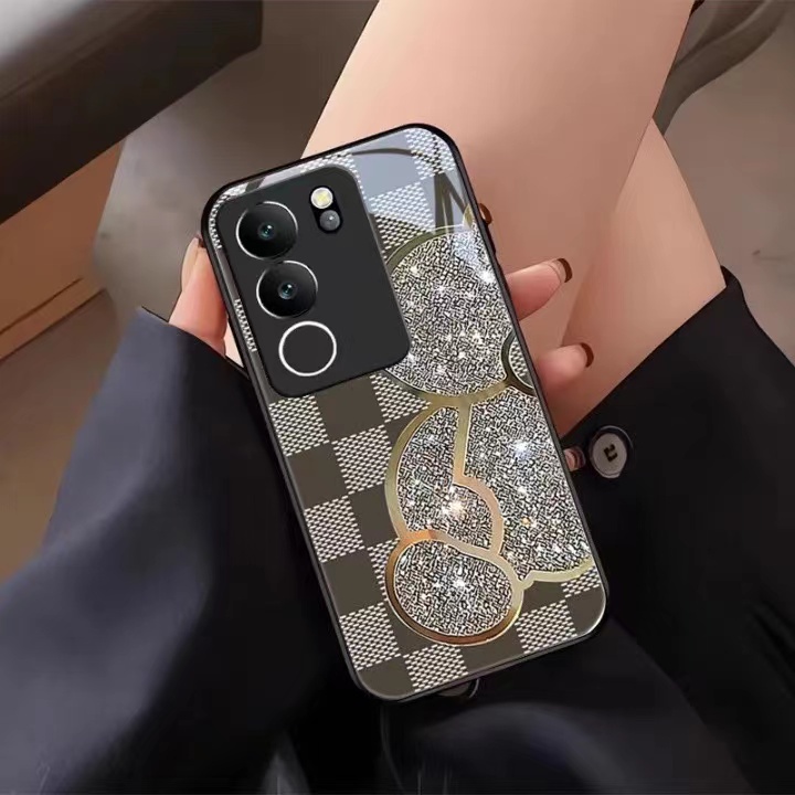 เคส Vivo V30 29 V29E V27 V23 V27E V23E 5G V27 Pro Y100 5G เคสโทรศัพท์มือถือแบบแก้ว กันรอยกล้อง ลายหมี สําหรับ