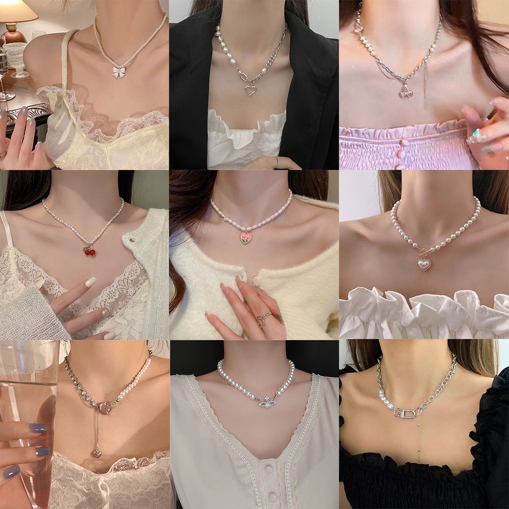 เครื่องประดับ สร้อยคอ สายโซ่ จี้รูปเชอร์รี่ ประดับโบว์ และไข่มุกเทียม หรูหรา สําหรับผู้หญิง