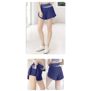 **เพิ่มสีใหม่**(YOGA-058) กางเกงออกกำลังกายขาสั้น กางเกงวิ่ง เอวสูงทูโทน มีซับใน มีกระเป๋าซ่อน