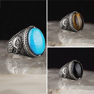 แหวนเหล็กไทเทเนียม รูปนกอินทรีย์ ตาเสือ อาเกต สีดํา สไตล์พัง…