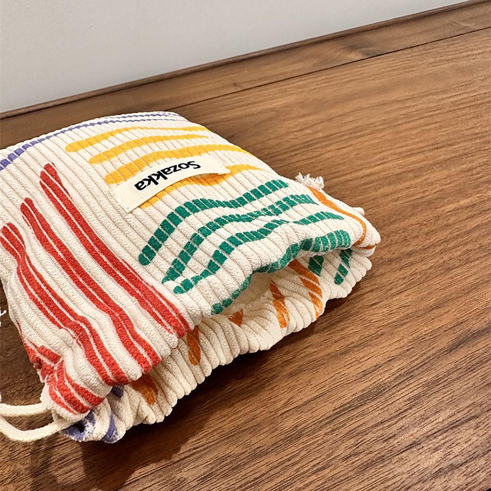 Mih Corduroy Drawstring Bag, Color Line Coin Purse Vintage Drawstring Pocket, 2024 Pastoral วรรณกรรมสไตล์เครื่องประดับกระเป๋าผู้หญิงสุภาพสตรี