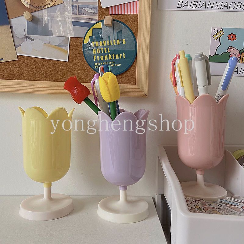 Ins Style ถังเก็บแปรงแต่งหน้า ดินสอ ปากกา ลายดอกทิวลิป อุปกรณ์เครื่องเขียน สําหรับนักเรียน บ้าน สํานักงาน จัดระเบียบ