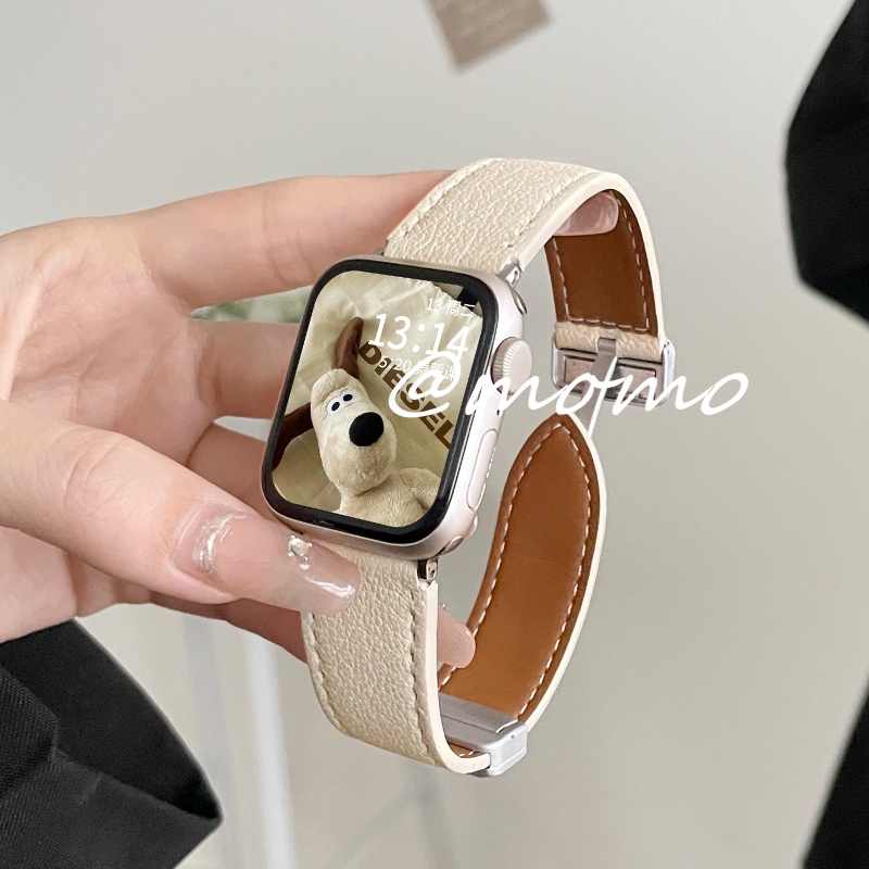 Starlight สีลิ้นจี่หนัง iWatch สําหรับ iWatch Series 10 Ultra S9 S8 7 6 SE 5 4 3 2 Original iWatch B