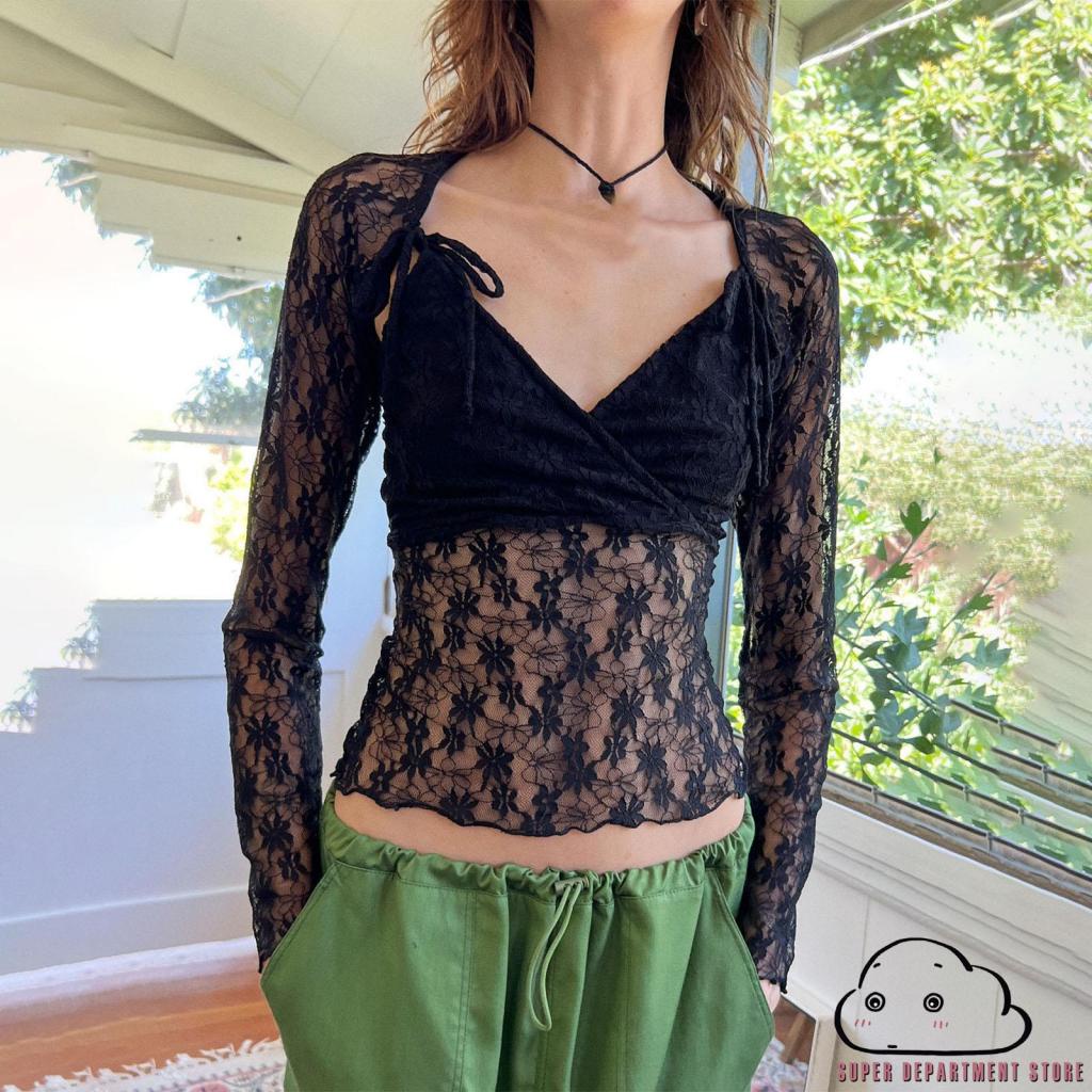 Super- เสื้อครอปท็อป แขนยาว คอวี ผ้าลูกไม้ซีทรู สําหรับผู้หญิง