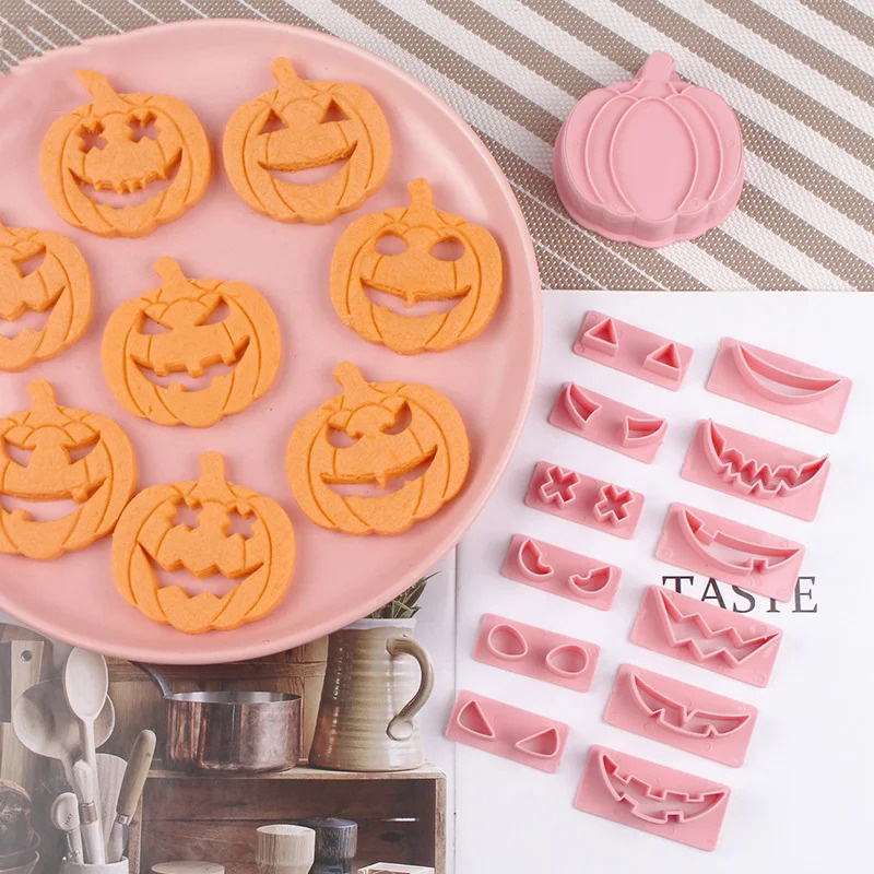 13PCS/ Set Halloween Cookie Cutters DIY Pumpkin Face Biscuit Fondant Embosser Stamp Cake Decorating 