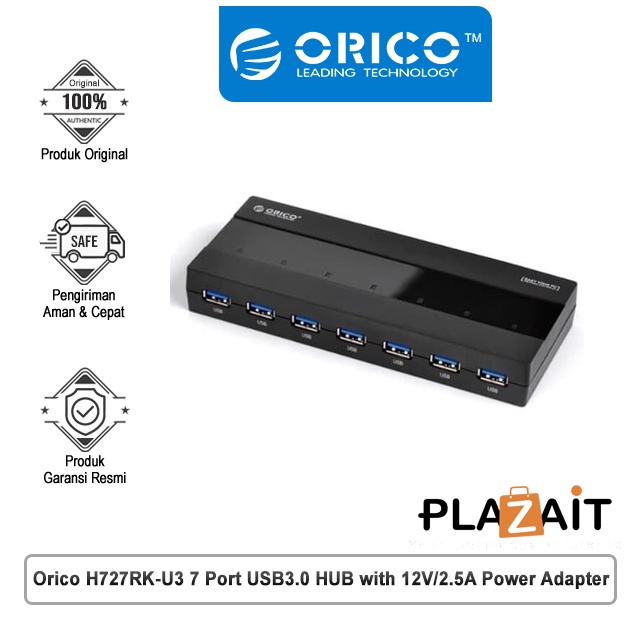 Orico H727RK-U3 7 พอร์ต USB3.0 HUB พร้อมอะแดปเตอร์แปลงไฟ 12V/2.5A/สีดํา