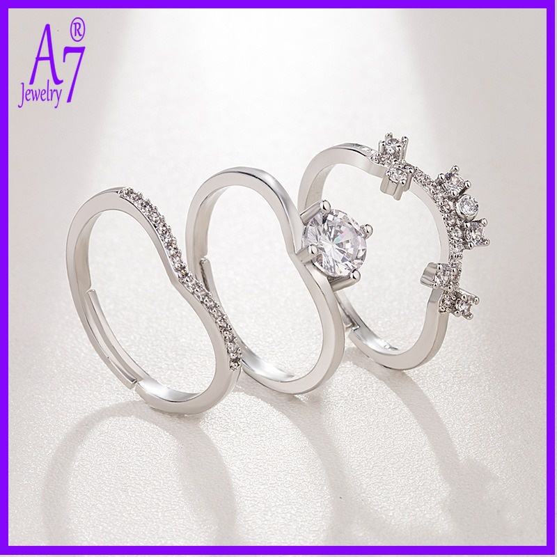 ชุดแหวนแพลทินัมสามในหนึ่งเดียว 18K Rose Gold Moissanite Crown ชุดแหวนเปิด JJH1530