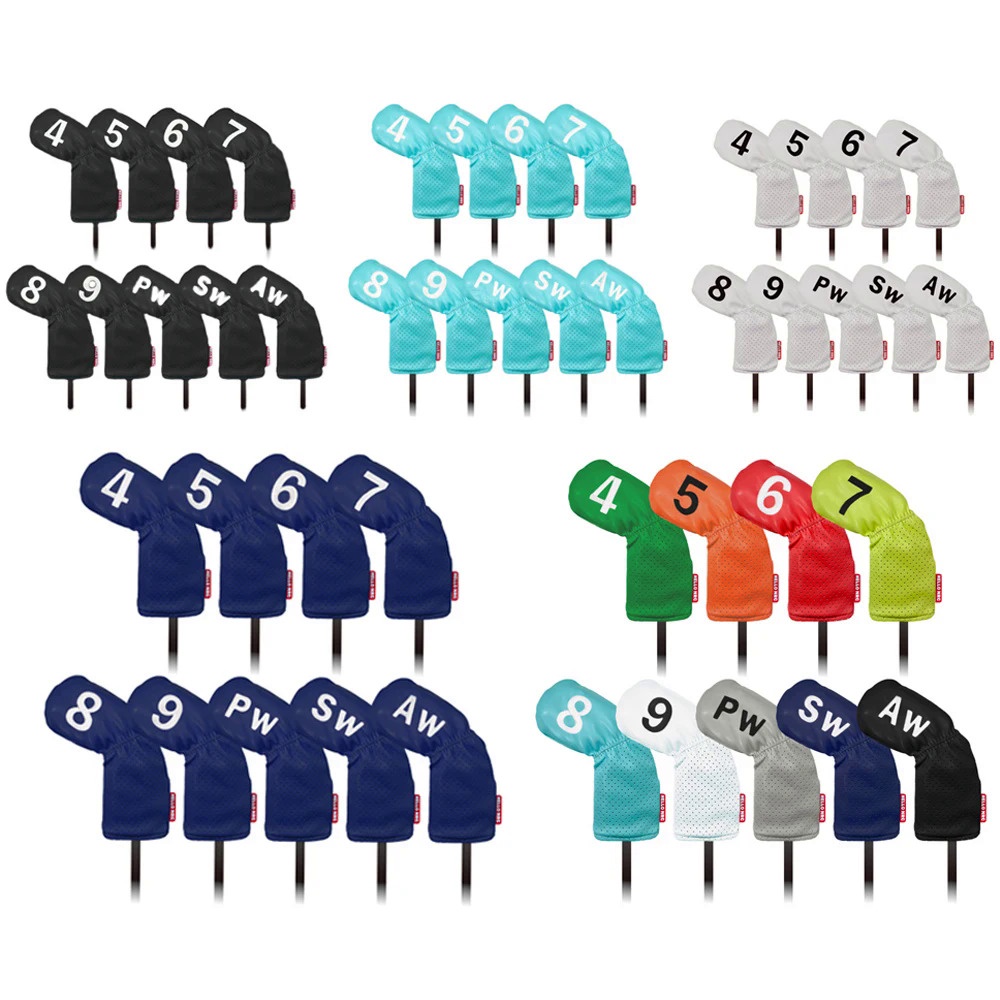Pack 9 Pcs Golf Club Cover Iron Club Cover 5 Colors PU Leather Perforated Golf Club Headcover Unisex