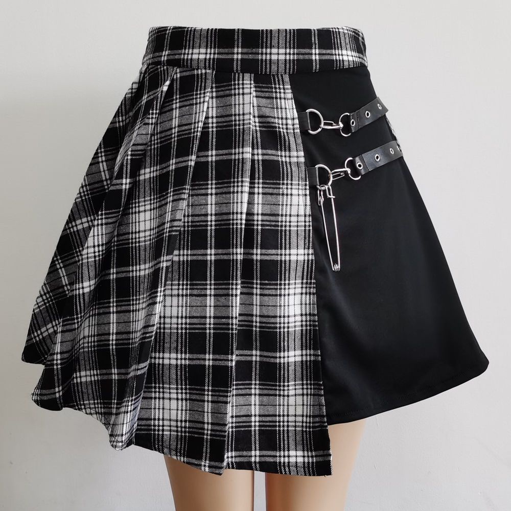 🌈 XS-4XL เกาหลีขนาดใหญ่อินเทรนด์เรียบง่ายเดินทางอังกฤษเย็บจีบพังก์กระโปรงลายสก๊อตสีแดงเข้ม/สีดำและ
