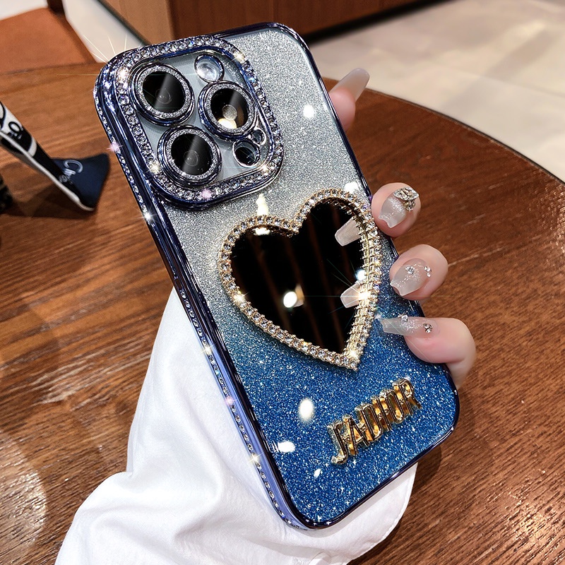 เคสโทรศัพท์มือถือ TPU นิ่ม ป้องกันเลนส์กล้อง ลายหัวใจ ประดับเพชร สําหรับ iPhone 11 12 13 14 15 pro max 15 plus