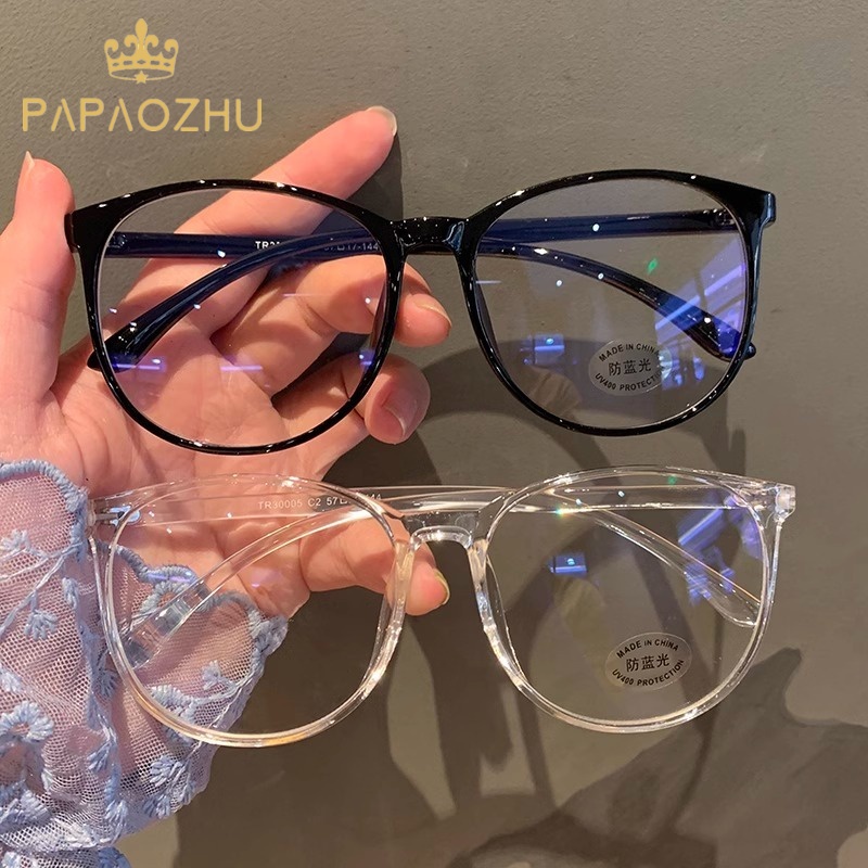 Papaozhu แว่นตาแฟชั่น กรอบกลม สีดํา ใส อินเทรนด์ สําหรับผู้หญิง ผู้ชาย กลางแจ้ง สีฟ้า ป้องกันแสง เลนส์ แว่นตา เครื่องประดับ