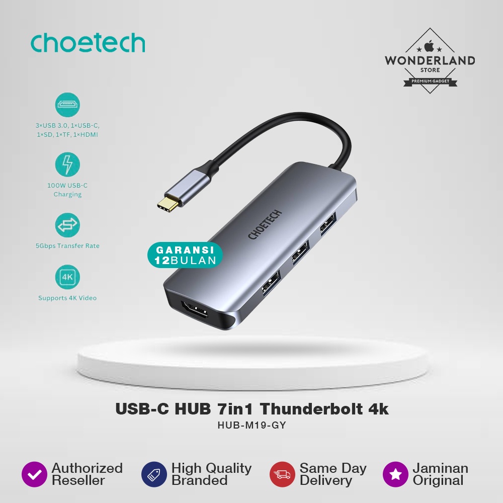 Choetech USB-C HUB 7in1 Thunderbolt HDMI 4K USB3.0 SD/TF Card PD100W HUB-M19-GY - Wonderland Store M