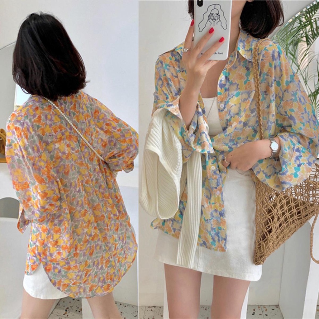 Lune_Grace รุ่นW303-พร้อมส่ง-เสื้อเชิ้ตแขนยาวสำหรับผู้หญิง ชีฟองลายดอก ดีเทลชายโค้ง เชิ้ตคอปกเกาหลี