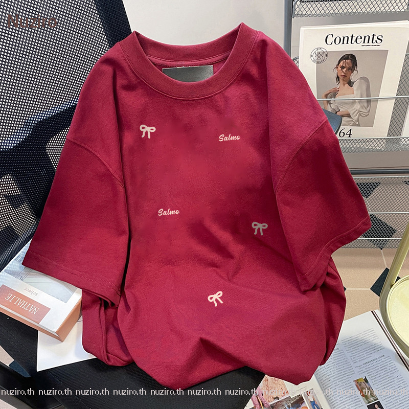 Nuziro เสื้อสีแดง - โบว์แฟชั่นที่เรียบง่ายพิมพ์เสื้อยืดแขนสั้นหลวม #I003283