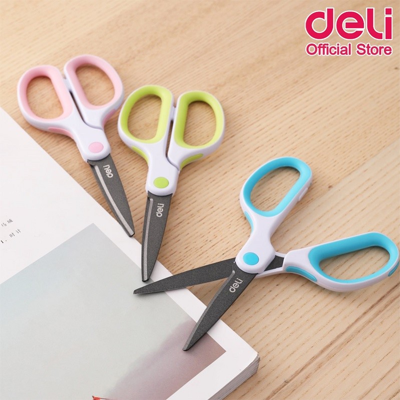 กรรไกร Deli กรรไกรเทฟล่อนอย่างดี กรรไกรสเตนเลส ตัดกระดาษ ตัดเทปกาวได้ ไม่ทิ้งคราบเหนียว คม แหลม  175mm (คละสี 1 ชิ้น)