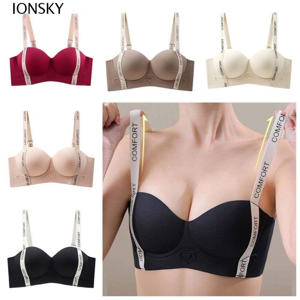 Ionsky ไร้สายลึก V Bra, Letter Close-fitting Brassiere สําหรับผู้หญิง,หวานกันกระแทกรวบรวมหน้าอกปรับ Push Up ชุดชั้นในวิ่ง