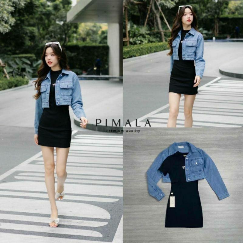 Mom.ss พร้อมส่ง Pimala78 เดรส +แจ๊คเก็ทยืนส์เซ็ทเดรสแขนสั้นเข้ารูปโชว์หุ่นเซ็กซี่เพิ่มความน่ารัก  M.