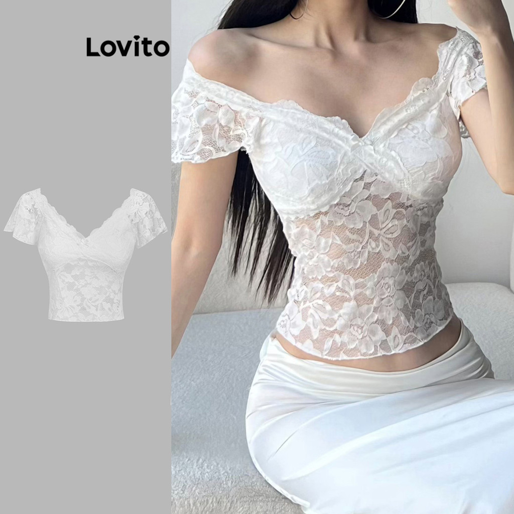 Lovito เสื้อยืดลูกไม้ธรรมดาเซ็กซี่สำหรับผู้หญิง L106AD005