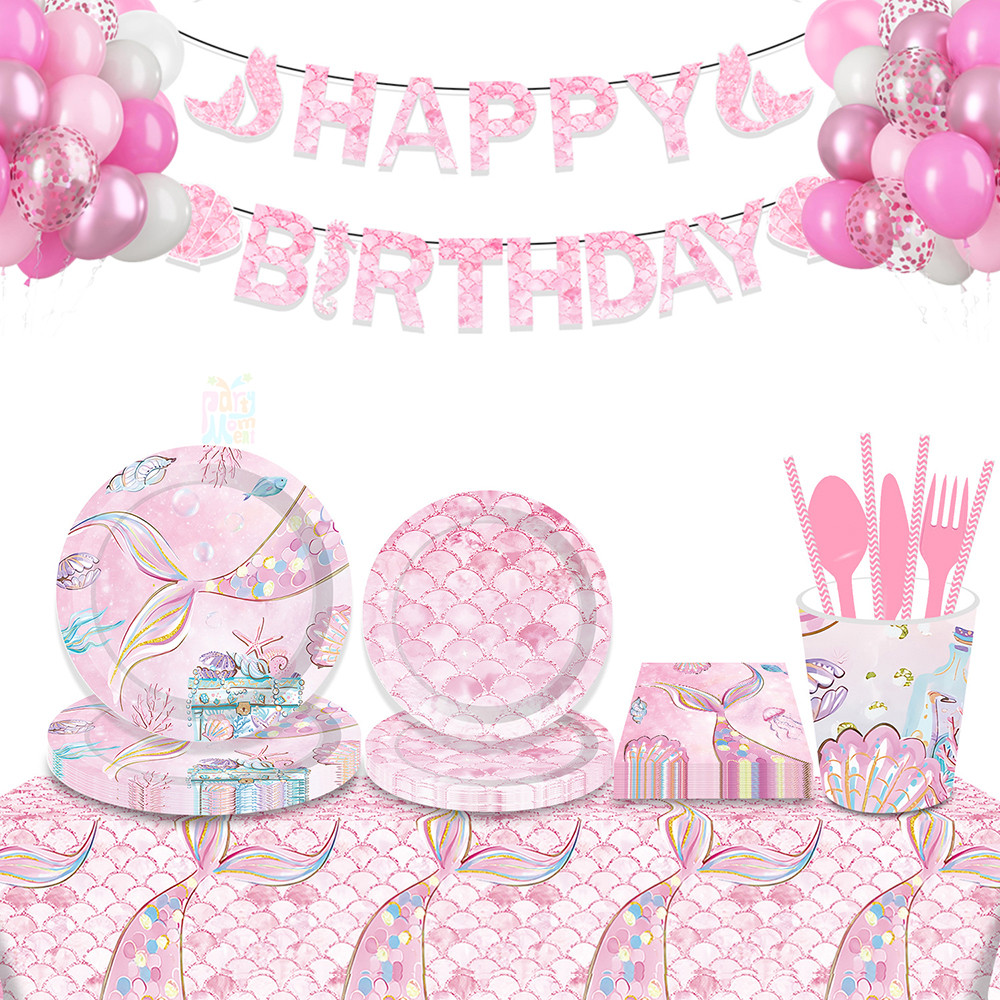 สีชมพูหางนางเงือกกระดาษทิ้งบนโต๊ะอาหารชุดสําหรับเด็กสาวธีมนางเงือกงานเลี้ยงวันเกิดอุปกรณ์ตกแต่ง
