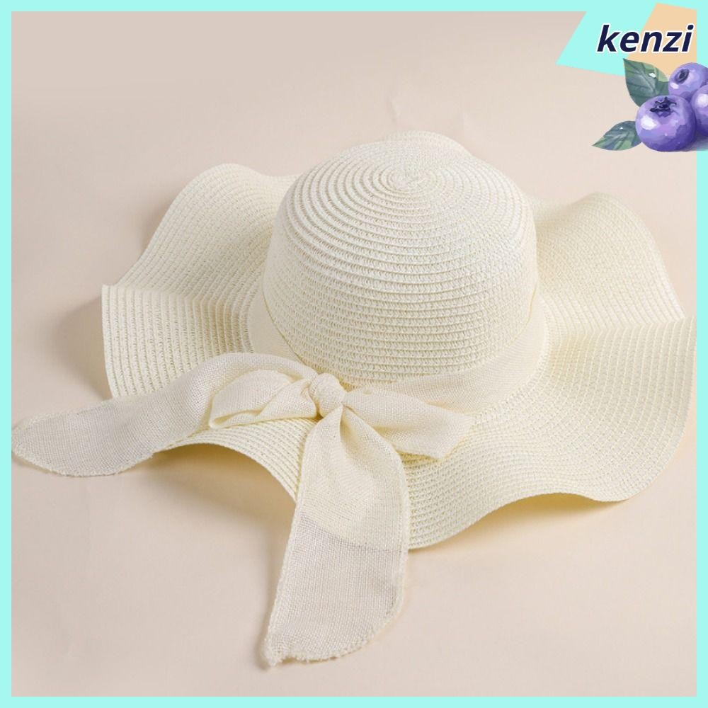 Kenzi หมวกฟางสําหรับเดินทาง, หมวกชายหาดแบบพับได้ปีกกว้าง, ริบบิ้นโบว์แบบพกพา หมวกกันแดดป้องกันรังสียูวี