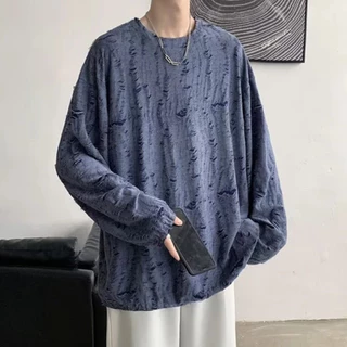 Distressed Textured Long Tee เสื้อยาวแขนยาวผู้ชายผ้าลายรอยฉีกทรงโอเวอร์ไซซ์ ผ้านุ่มระบายอากาศ มี3สี ดำ/เทา/น้ำเงิน Size M-3XL