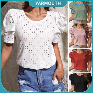 Yyr-- เสื้อเบลาส์ คอกลม แขนสั้น แขนพอง ทรงหลวม ระบายอากาศ สีพื้น แบบสวมหัว แต่งจับจีบ เหมาะกับฤดูร้อน สําหรับผู้หญิง