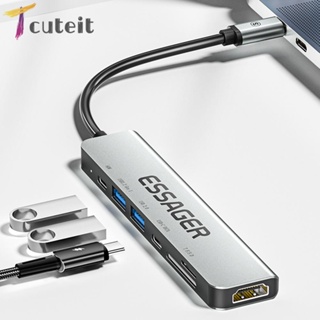 Tcuteit 7 in 1 ฐานฮับ USB Type-C สําหรับ HDMI รองรับ PD60W