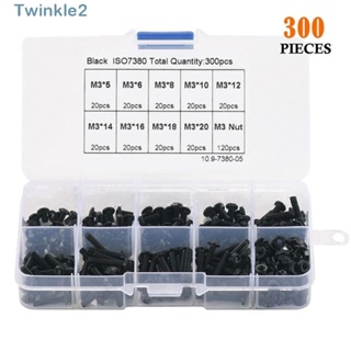 Twinkle สกรูเมตริก เหล็กคาร์บอน M3 5-20 มม. เกรด 10.9 พร้อมกล่องเก็บ DIY สีดํา 300 ชิ้น