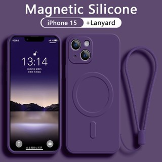 เคสไอโฟน 15 Pro Max 15 Plus ซิลิโคนแม่เหล็กรองรับการชาร์จไร้สายนุ่มกันกระแทกฝาครอบเต็มกล้องฟรีเชือกเส้นเล็กปกเชือกสายกันกระแทก เคส iPhone 15 Pro Max