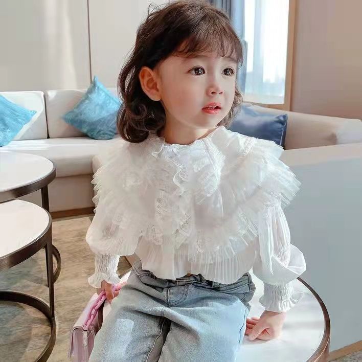 เสื้อเชิ้ตแขนยาว คอตุ๊กตา แต่งลูกไม้ แต่งระบาย สไตล์เจ้าหญิง สําหรับเด็กผู้หญิง และนักเรียน อายุ 1-9 ปี