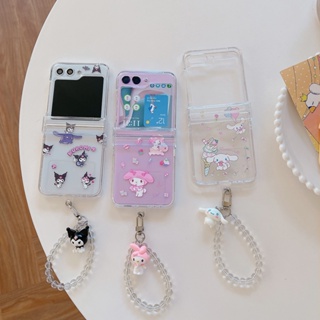 เคสโทรศัพท์มือถือแบบแข็ง กันกระแทก ลายการ์ตูน melody Cinnamoroll พร้อมสายโซ่คล้อง สําหรับ Samsung Galaxy Z Flip 5 5G 3in1 Z Flip 3 Flip 4