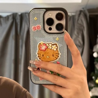 เคสโทรศัพท์มือถือหนัง ปักลายการ์ตูนเดนิม สีน้ําตาล กันกระแทก สําหรับ Apple Iphone 14promax 13 11 14pro 13pro 14