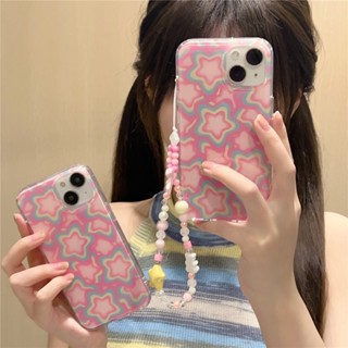 เคสโทรศัพท์มือถือ ซิลิโคนนิ่ม กันกระแทก ลายดาวสีชมพู 3D พร้อมสายคล้องข้อมือ แฟชั่น สําหรับ IPhone 11 12 13 14 Pro Max 13Pro 14promax