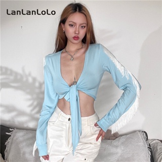 Lanlanlolo เสื้อครอปลําลอง แขนยาว คอวี เข้ารูป สีพื้น เซ็กซี่ แฟชั่นสําหรับสตรี 2023