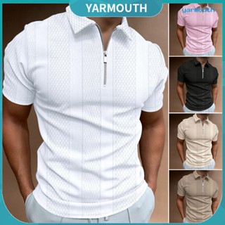 Yyr--เสื้อเชิ้ตผู้ชาย เปิดลง คอปก ซิป คอ สีพื้น แขนสั้น เสื้อสวมหัว ลําลอง ลายทาง แนวตั้ง ฤดูร้อน แฟชั่น เสื้อยืด พร็อพใส่