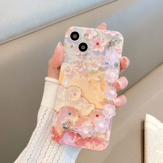 เคสโทรศัพท์มือถือ ซิลิโคนนิ่ม ลายภาพวาดสีน้ํามัน รูปดอกซากุระ พร้อมสายคล้องมือ สําหรับ iPhone 15 plus 15 Pro Max 2023 15 Pro Max