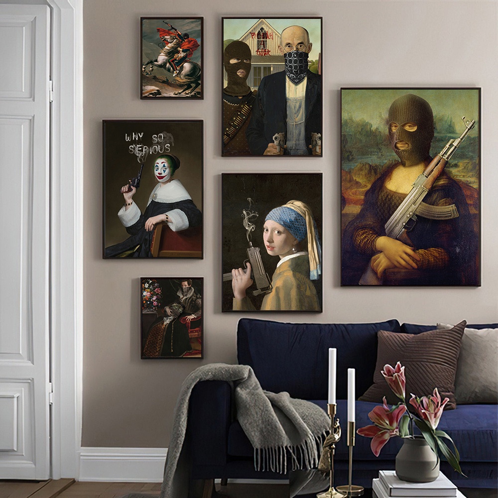 Hood Mona Lisa พิมพ์แฟชั่นแบรนด์หรูโปสเตอร์ทําไมอย่างจริงจังตลก Lady Portrait Wall Art ภาพวาดผ้าใบภาพผนังตกแต่ง