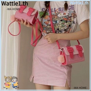 Wttle กระเป๋าสะพายไหล่ หูหิ้ว ทรงสี่เหลี่ยม ขนาดเล็ก ประดับจี้ลูกบอลขน สีตัดกัน สําหรับผู้หญิง