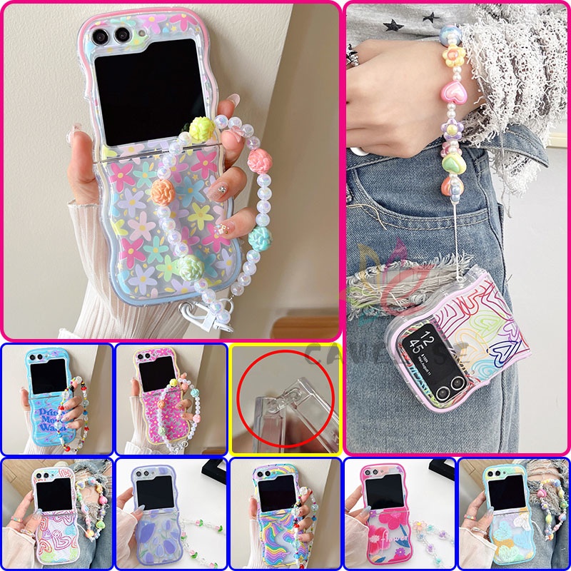 กรอบคลื่นดอกไม้พิมพ์เคสซิลิโคนอ่อนนุ่มใส Samsung Galaxy Z Flip 6 5 สายรัดข้อมือโซ่ขอบหยักปลอก Samsun