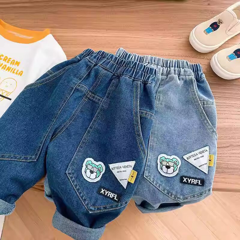 พร้อมส่ง กางเกงยีนขายาว เอวยางยืด ปักลายหมี สไตล์เกาหลี สําหรับเด็กผู้ชาย และเด็กผู้หญิง