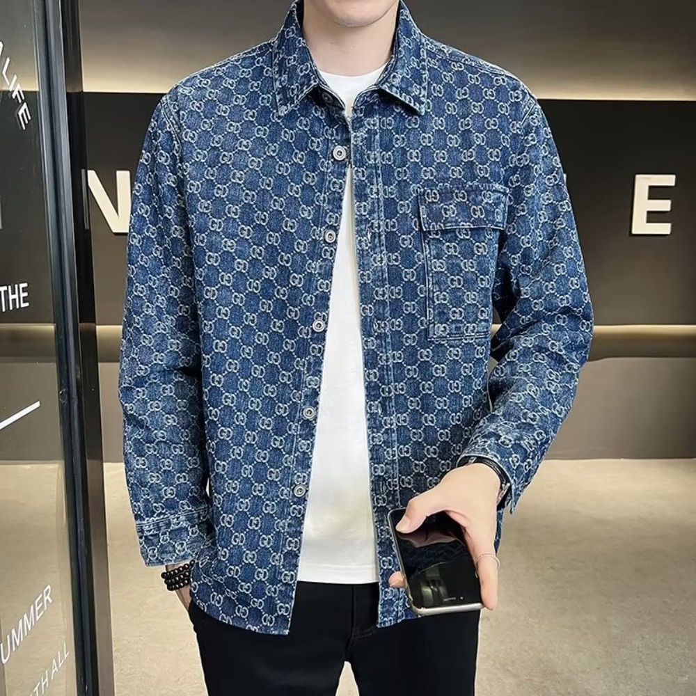 เสื้อแจ็กเก็ตยีนแขนยาว คอปก ผ้าแจ็คคาร์ด หรูหรา สไตล์ยุโรป